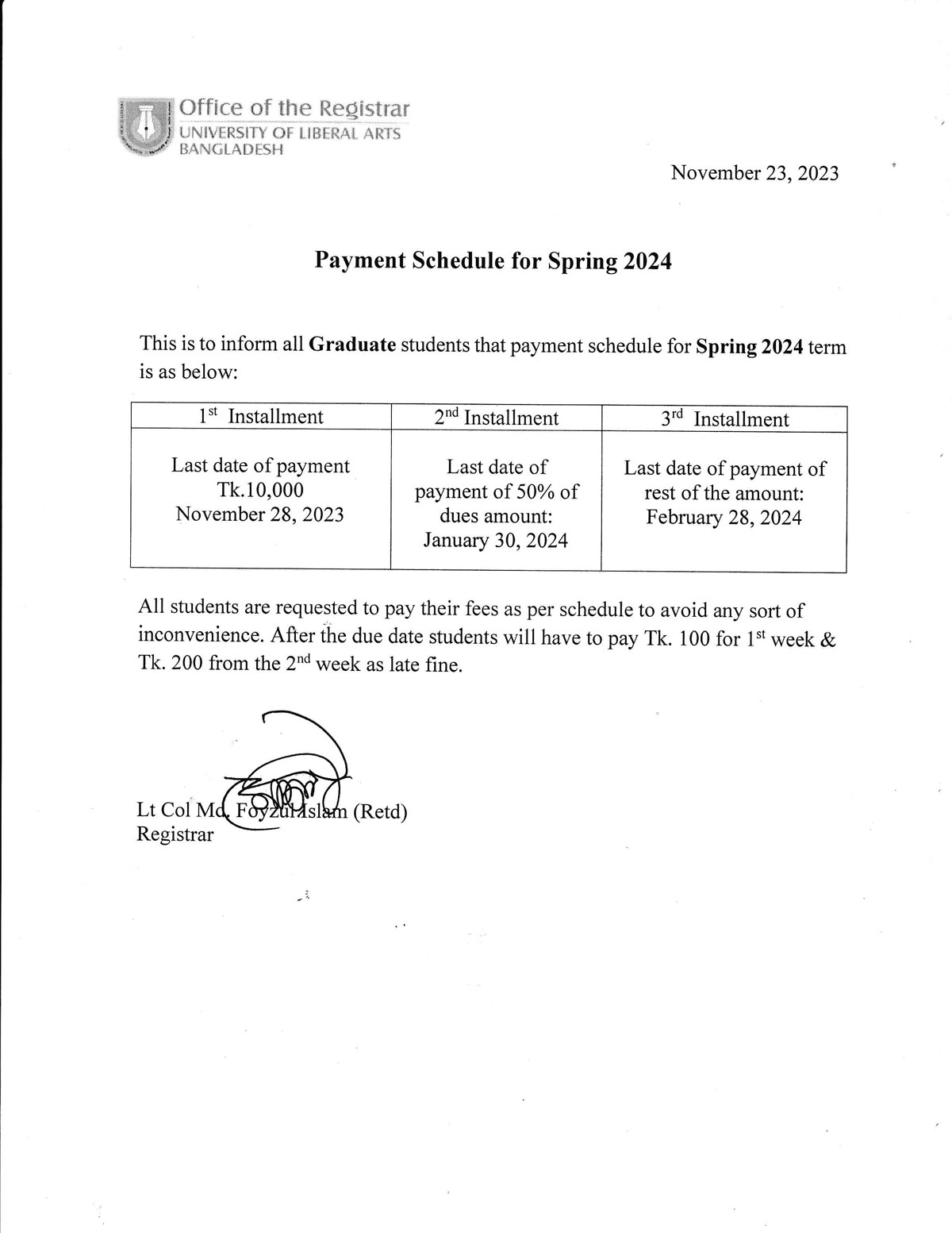 Payment Guideline Schedule for Spring 2024 Registrar Office