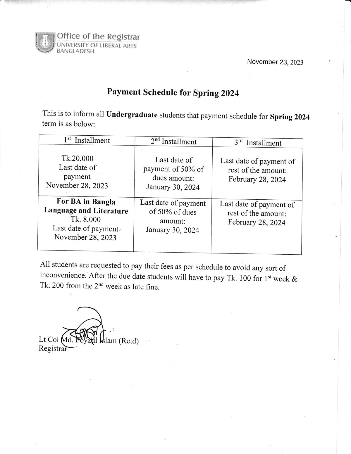 Payment Schedule Spring 2024 UG 